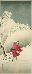 Resenär i snön (trätryck i färg)