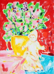 Färgglada blommor och en docka