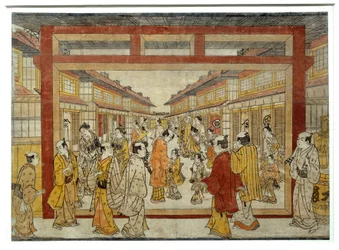 Perspektivvy av Nakano-Cho. Japanskt tryck av Masanobu Tanaka, verksamt mellan 1741 och 1748, Ukiyo-E-stil. Paris, Musée Guimet