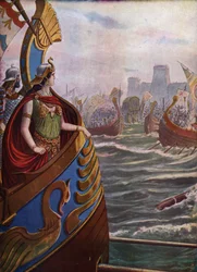 Antikvitet, romerskt inbördeskrig: Egyptiska drottningen Cleopatra VII Thea Philopator (69-30 f.Kr.) vid slaget vid Actium i Ambracic-bukten den 2 september 31 f.Kr. mot Octave of Actiums flotta,