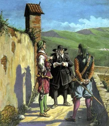 Don Abbondio möter krigarna - illustration till "De älskande" av Alessandro Manzoni, utg. Nerbini, Florens