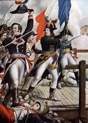 Första italienska kampanjen: Napoleon Bonaparte (1769-1821) vid slaget vid bron över Arcole, november 1796” (Napoleon Bonaparte under slaget vid bron över Arcole (Arcola), november 1796) Illustration av Tancredi Scarpelli (1866-1937) från "Storia