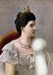 Porträtt av Italiens drottning Helena (Elena) av Montenegro (1873-1952). Illustration av Tancredi Scarpelli (1866-1937) ur 