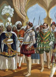 Den portugisiske navigatören Pedro Alvares Cabral (1460-1526) vid kungens (Zamorin) hov av Calicut (Kozhikode) den 13/09/1500 för att förhandla om inrättandet av en disk, Indien (den portugisiske navigatören Pedro Alvares Cabral förhandlade med Zamorin) Ca