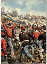 Risorgimento : avbildning av Giuseppe Garibaldi (1807-1882) under ett slag - omslag till "Garibaldi, Cronistoria illustrata dell