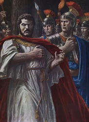 Romersk antiken: "" den romerske kejsaren Caracallas död, mördad nära Harran den 8 april 217, med ett svärd, av Martialis, en av officerarna för hans nära vakt"" (Mordet på Caracalla, romersk kejsare, av Julius Martialis, 217) Illustra