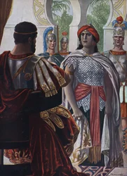 Romersk antikvitet: Imperatorn av Palmyra Septimia Bathzabbai Zenobie tillfångatagen av romerske kejsaren Aurelien, 272”” (Drottningen av Palmyrenska riket Zenobia fånge av den romerske kejsaren Aurelianus, 272 e.Kr.) Illustration av Tancredi Scarpelli tag