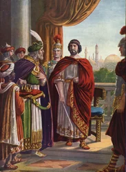 Romersk antikvitet: Kejsar Julianus den avfällde (filosofen Julian eller Julian II) segrande av den persiske kungen Shapur II 363 e.Kr."" (romerske kejsaren Julianus avfällingen (filosofen Julian) och kungen av Persien Shapur II, 363 e.Kr.) Illustration av