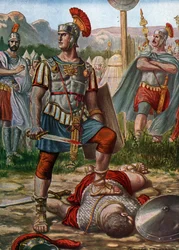 Romersk antiken: representation av konsul Titus Manlius Imperiosus Torquatus som besegrar en galler 361 f.Kr. - (Titus Manlius Torquatus slåss mot en gallisk krigare som utmanade den romerska armén och dödade honom, 361 f.Kr.) Illustration av Tancredi Scar