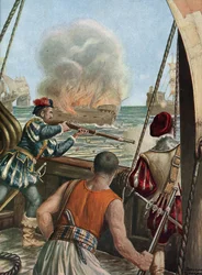 Andra expeditionen till Indien (1502-1503) "" Sjöstrid mellan den portugisiska flottan av Vasco de Gama och den i Calicut, portugiserna avfyrar det muslimska skeppet Miri laddar peleriner som återvänder från Mecka, 3/10/1502"" (andra resan av Vasco de Gama