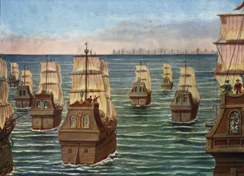 Slaget vid Cannanor ägde rum i mars 1506 utanför hamnen i Cannanore i Indien, mellan den indiska flottan av Samorin av Calicut och en portugisisk flotta under Lourenco de Almeida, son till vicekungen Almeida) Illustration av Tancredi Scarpelli i ""