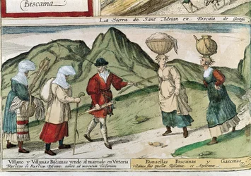 baskiska bönder. Gravyr av Franz HOGENBERG