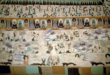 Buddha och scener från vardagen, fresk med anor från Tangdynastin, Kina, 700-1000-talet