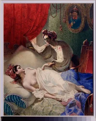 Illustration till dikten ""Poltava"" av Alexander Pushkin (1799-1837). Verk av Taras Grigoryevich Shevchenko (Shevchenko) (1814-1861), akvarell, bläck och guld på papper