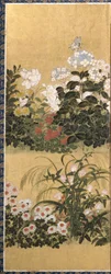 Blommor och fjärilar (bläck, färg och bladguld på papper)