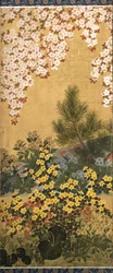 Blommor och fjärilar (bläck, färg och bladguld på papper)