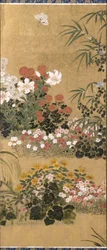 Blommor och fjärilar (bläck, färg och bladguld på papper)