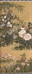 Blommor och fjärilar (bläck, färg och bladguld på papper)