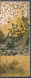 Blommor och fjärilar (bläck, färg och bladguld på papper)