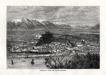 Salsburg, från Kapuzinerberg, Österrike, 1800-talet