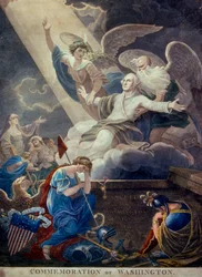 Kolorerad gravyr av George Washingtons ära upplyft till himlen av Time and Immortality, graverad i Philadelphia, ca 1799 (gravyr) (foto)