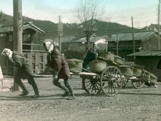 Japanska bönder drar rissäckar på en vagn, ca 1900 - 1915 (fotografi)