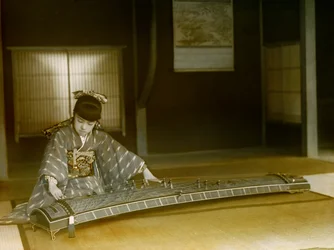 Porträtt av en japansk kvinna som spelar koto ca 1900 - 1915 (fotografi)