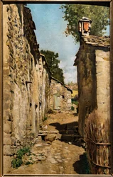 Gårdsbyggnad i Settignano, ca 1862 (olja på duk applicerad på en panel)