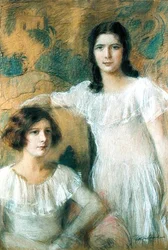 Porträtt av två flickor, ca 1910 (pastell ombord)