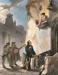 Serenad, illustration från kostymer och populära scener i Neapel av Achille Vianelli, ca 1830 (akvatint)