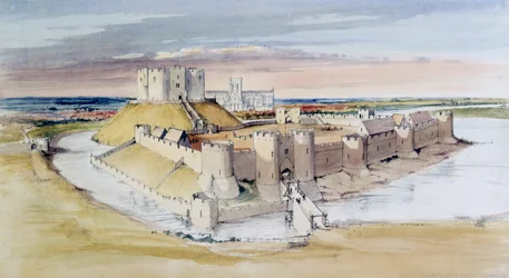 Illustration av York Castle, North Yorkshire, som det kan ha varit i slutet av 1200-talet, 1985