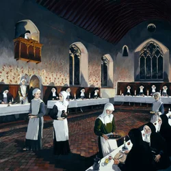Rekonstruktion av matsalen under 1400-talet, Denny Abbey, Cambridgeshire, 1993