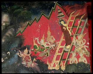 Buddha nedstigande från himlen (väggmålning)