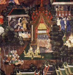 Publik tittar på teater- och dockföreställningar i samband med Buddhas begravning, detalj från Buddhas död (målat tyg)
