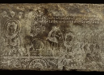 Graverad stenpanel som föreställer Bhojajania Jataka Tale, från Wat Si Chum, Sukhothai, 1300-1400-talet