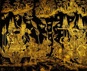 Avsnitt från Ramakien, detalj av en skärm (guld & lack)
