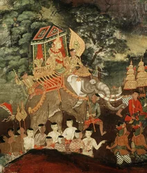 Kung Vessantara på en vit elefant möter brahminerna, scen från Vessantara Jataka, tidigt 1800-tal (målat tyg)