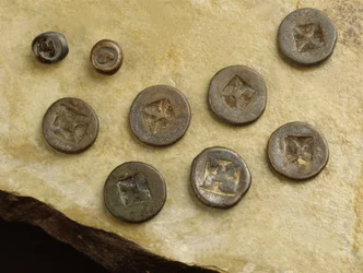 Pengar med blom- och namomärken från Srivijaya Kingdom (metall)