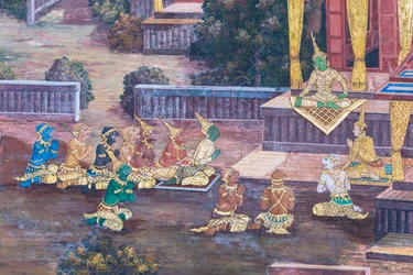 Väggmålning som visar scener från Ramayana vid Wat Phra Kaeo, Royal Grand Palace, Bangkok, Thailand