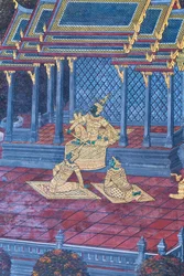 Väggmålning som visar scener från Ramayana vid Wat Phra Kaeo, Royal Grand Palace, Bangkok, Thailand