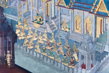 Väggmålning som visar scener från Ramayana vid Wat Phra Kaeo, Royal Grand Palace, Bangkok, Thailand