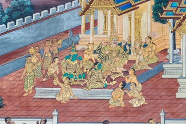 Väggmålning som visar scener från Ramayana vid Wat Phra Kaeo, Royal Grand Palace, Bangkok, Thailand