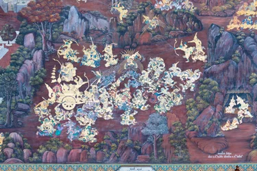 Väggmålning som visar scener från Ramayana vid Wat Phra Kaeo, Royal Grand Palace, Bangkok, Thailand