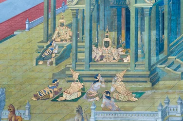 Väggmålning som visar scener från Ramayana vid Wat Phra Kaeo, Royal Grand Palace, Bangkok, Thailand