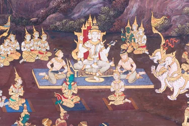 Väggmålning som visar scener från Ramayana vid Wat Phra Kaeo, Royal Grand Palace, Bangkok, Thailand