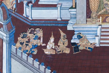 Väggmålning som visar scener från Ramayana vid Wat Phra Kaeo, Royal Grand Palace, Bangkok, Thailand