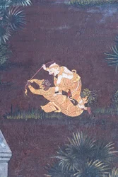 Väggmålning som visar scener från Ramayana vid Wat Phra Kaeo, Royal Grand Palace, Bangkok, Thailand