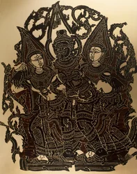 Scen ur Nang Yai-skuggteatern med Dasakantha och hans hustrur, snidad läderpanel, Thailand, thailändsk civilisation