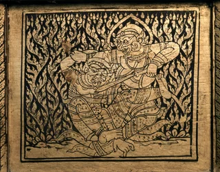 THAI KONST: En episod i "Ramayana". Bokskåp, Bangkok Style.