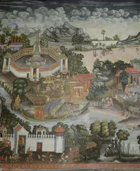 Staden Phitsanulok och fontän med statyer av Buddha, Wat Bowonniwet Vihara, Bangkok